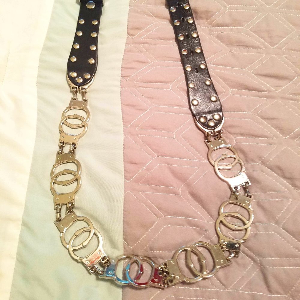 Black leather and handcuff detail belt